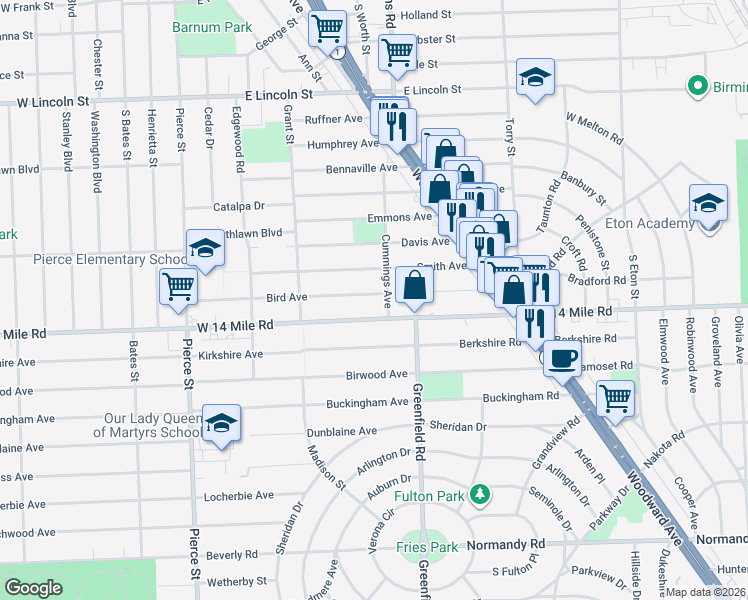 map of restaurants, bars, coffee shops, grocery stores, and more near 976 Bird Avenue in Birmingham