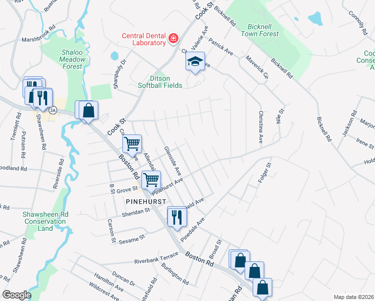 map of restaurants, bars, coffee shops, grocery stores, and more near 27 Glenvale Avenue in Billerica