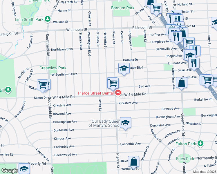 map of restaurants, bars, coffee shops, grocery stores, and more near 1885 Henrietta Street in Birmingham