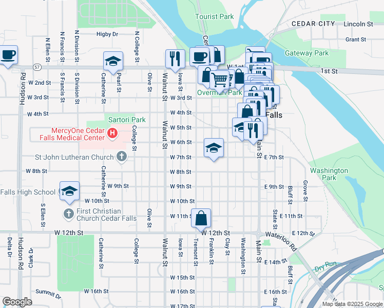 map of restaurants, bars, coffee shops, grocery stores, and more near 621 Tremont Street in Cedar Falls