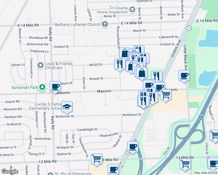 map of restaurants, bars, coffee shops, grocery stores, and more near 19451 Masonic in Roseville