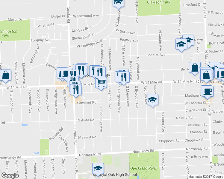 map of restaurants, bars, coffee shops, grocery stores, and more near 37 South Manitou Avenue in Clawson
