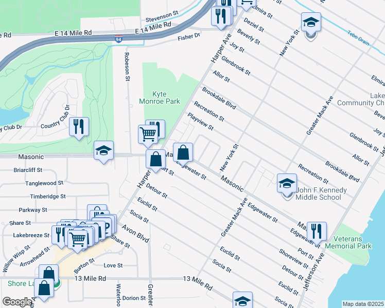 map of restaurants, bars, coffee shops, grocery stores, and more near 22621 Masonic in St. Clair Shores