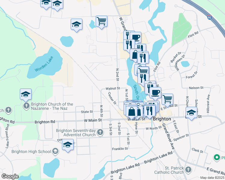map of restaurants, bars, coffee shops, grocery stores, and more near 615 Walnut Street in Brighton