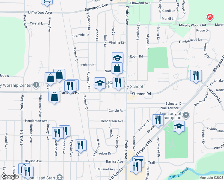 map of restaurants, bars, coffee shops, grocery stores, and more near 1851 Cranston Road in Beloit