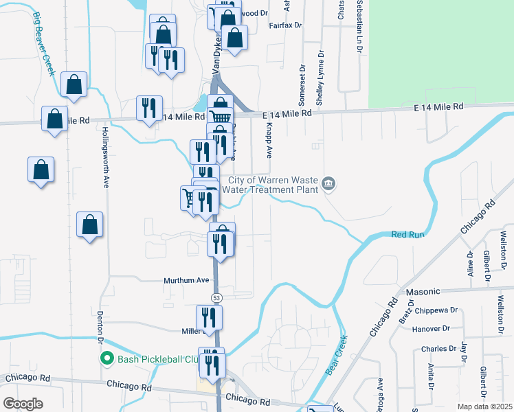 map of restaurants, bars, coffee shops, grocery stores, and more near 32438 Linderman Avenue in Warren