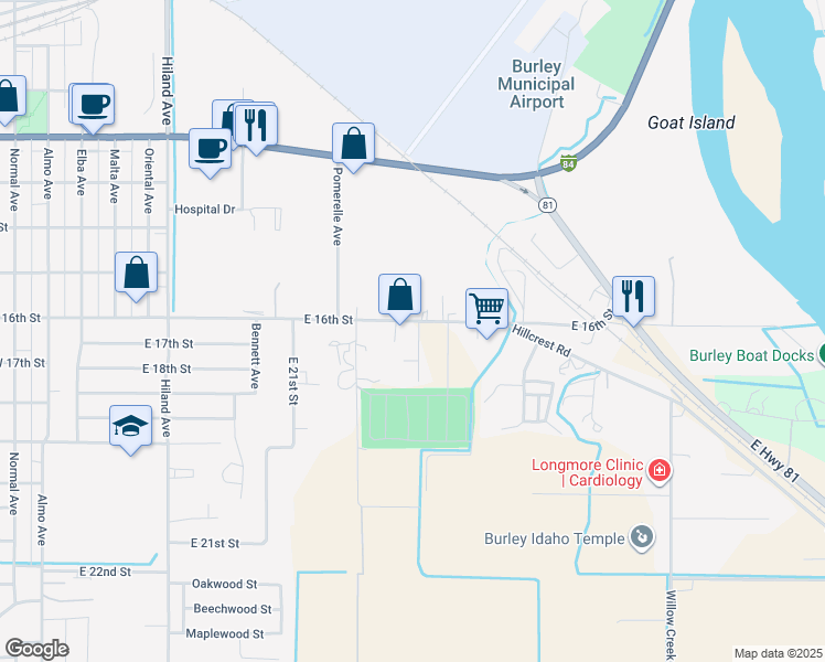 map of restaurants, bars, coffee shops, grocery stores, and more near 1617 East 16th Street in Burley