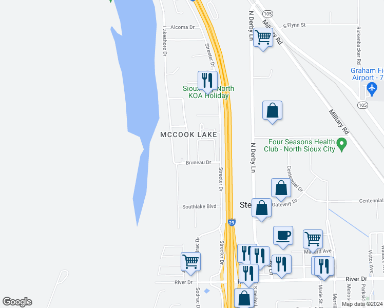 map of restaurants, bars, coffee shops, grocery stores, and more near 636 Lakeview Drive in North Sioux City