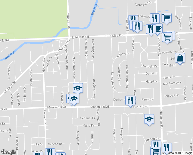 map of restaurants, bars, coffee shops, grocery stores, and more near 32356 Cambridge Drive in Warren