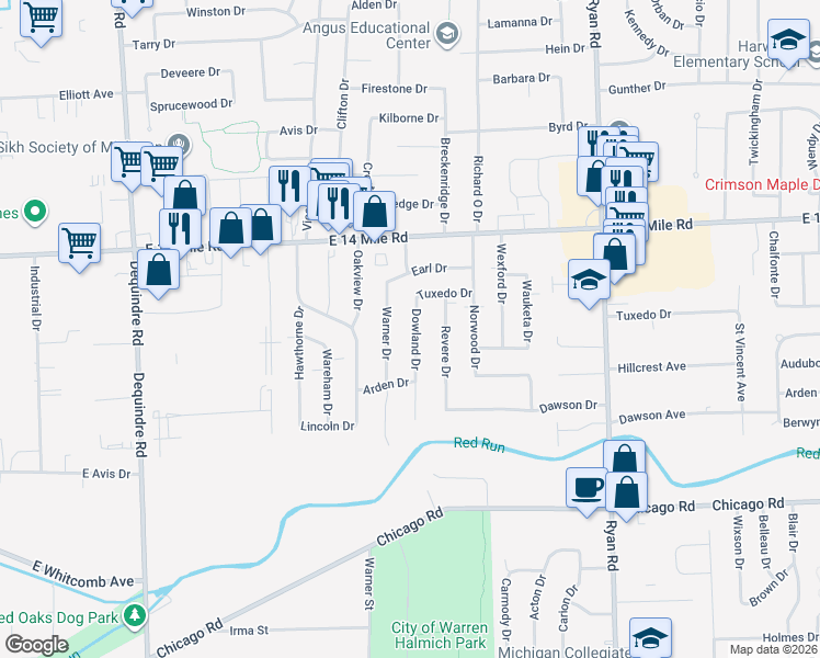 map of restaurants, bars, coffee shops, grocery stores, and more near 32565 Dowland Drive in Warren
