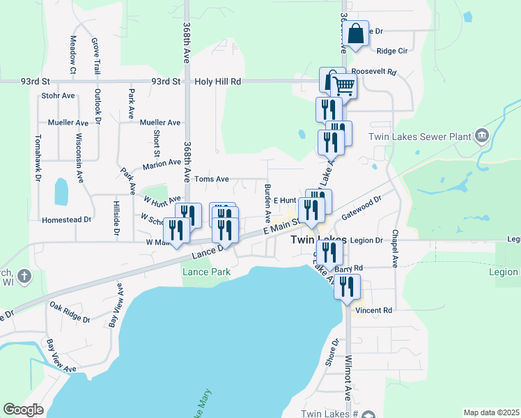 map of restaurants, bars, coffee shops, grocery stores, and more near 210 Burden Avenue in Twin Lakes
