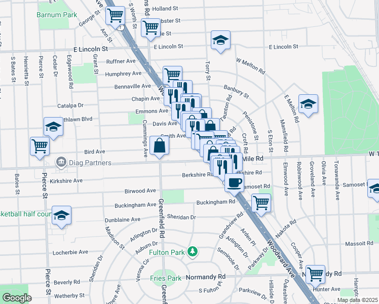 map of restaurants, bars, coffee shops, grocery stores, and more near 1450 Bird Avenue in Birmingham
