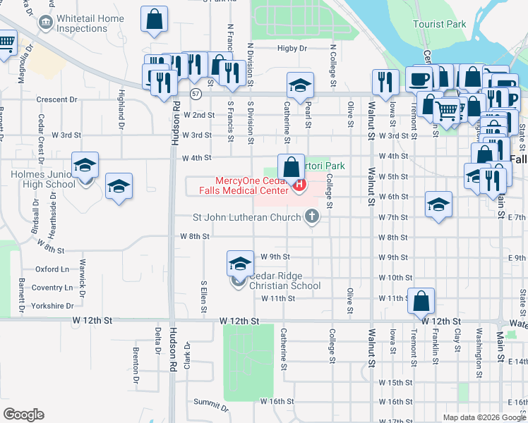 map of restaurants, bars, coffee shops, grocery stores, and more near 1201 West 7th Street in Cedar Falls