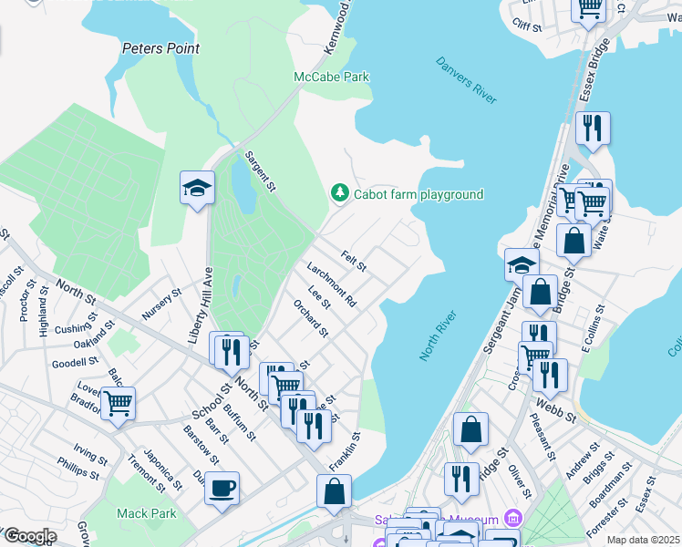map of restaurants, bars, coffee shops, grocery stores, and more near 5 Claremont Road in Salem