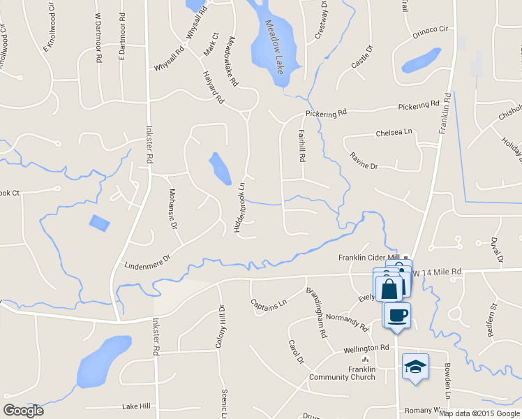 map of restaurants, bars, coffee shops, grocery stores, and more near 7501 Hiddenbrook Lane in Bloomfield Hills