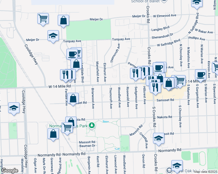 map of restaurants, bars, coffee shops, grocery stores, and more near 2205 West 14 Mile Road in Royal Oak