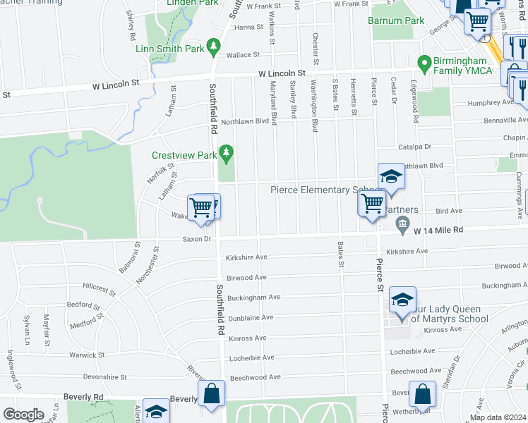 map of restaurants, bars, coffee shops, grocery stores, and more near 1869 Birmingham Boulevard in Birmingham