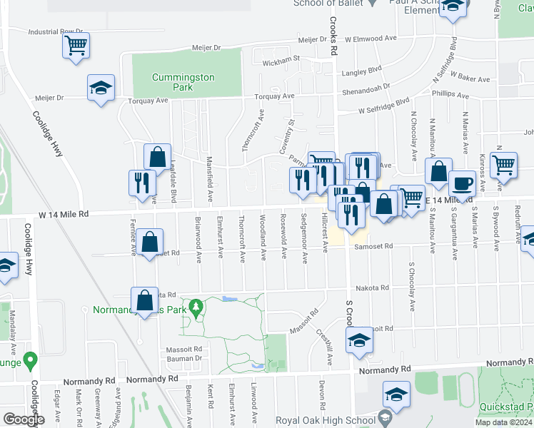 map of restaurants, bars, coffee shops, grocery stores, and more near 2023 West 14 Mile Road in Royal Oak