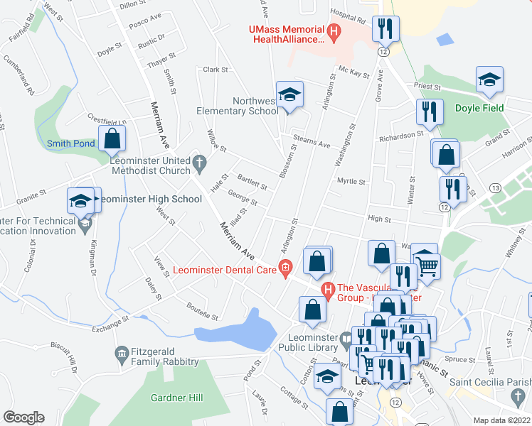 map of restaurants, bars, coffee shops, grocery stores, and more near 70 Blossom Street in Leominster