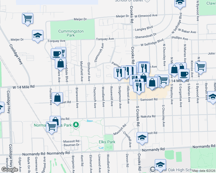 map of restaurants, bars, coffee shops, grocery stores, and more near 2023 West 14 Mile Road in Royal Oak