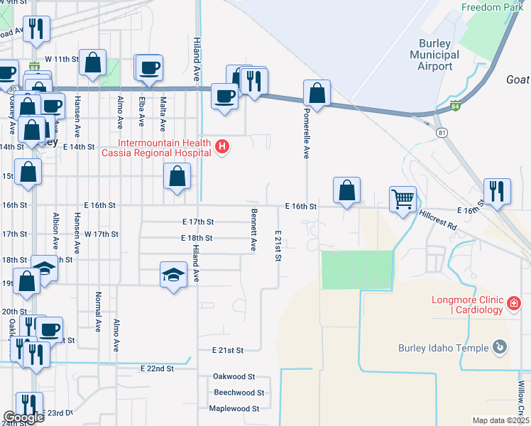 map of restaurants, bars, coffee shops, grocery stores, and more near 1215 East 16th Street in Burley