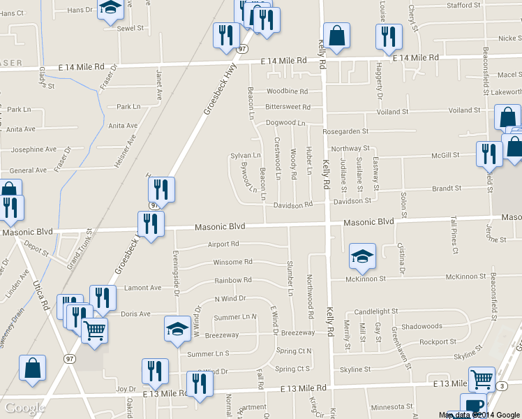 map of restaurants, bars, coffee shops, grocery stores, and more near 32055 Beacon Ln in Fraser