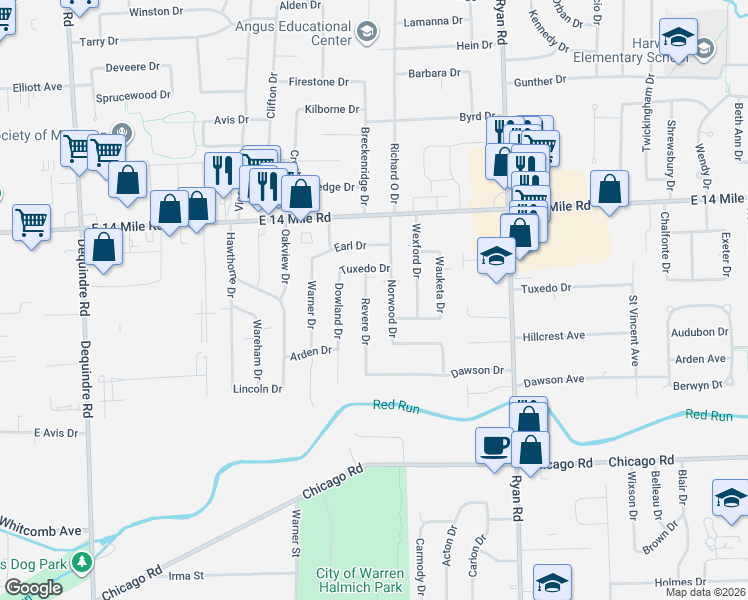 map of restaurants, bars, coffee shops, grocery stores, and more near 32554 Revere Drive in Warren