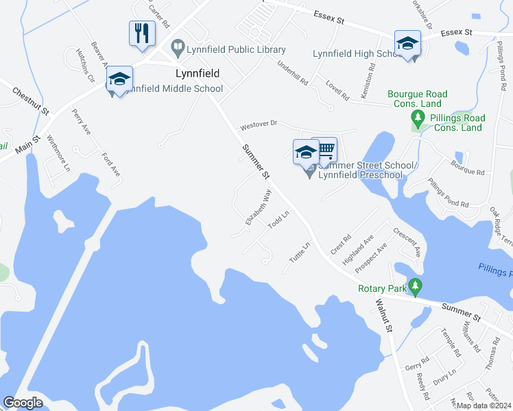 map of restaurants, bars, coffee shops, grocery stores, and more near 3 Elizabeth Way in Lynnfield