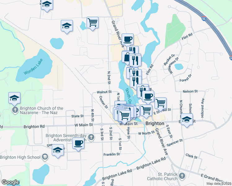 map of restaurants, bars, coffee shops, grocery stores, and more near 333 North 1st Street in Brighton