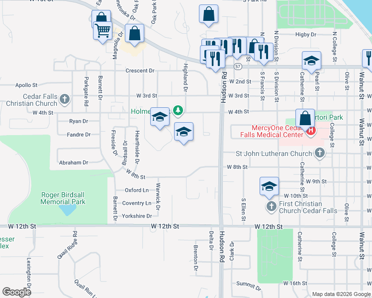 map of restaurants, bars, coffee shops, grocery stores, and more near 616 Holmes Drive in Cedar Falls