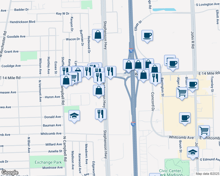 map of restaurants, bars, coffee shops, grocery stores, and more near 32800 Stephenson Highway in Madison Heights