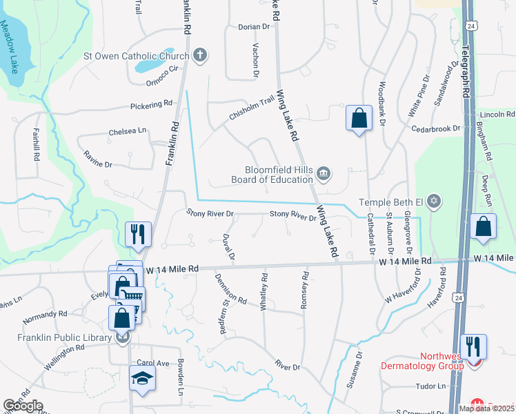 map of restaurants, bars, coffee shops, grocery stores, and more near 4390 Stony River Dr in Bloomfield Hills