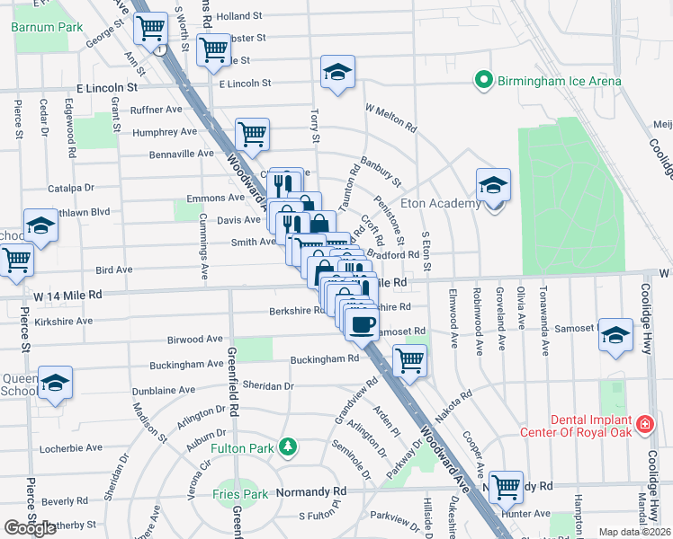 map of restaurants, bars, coffee shops, grocery stores, and more near 1703 East 14 Mile Road in Birmingham