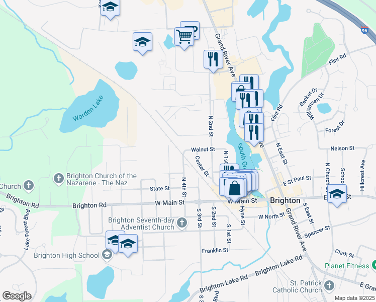map of restaurants, bars, coffee shops, grocery stores, and more near 715 Walnut Street in Brighton