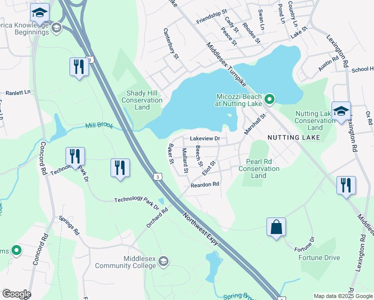 map of restaurants, bars, coffee shops, grocery stores, and more near 61 Mallard Street in Billerica