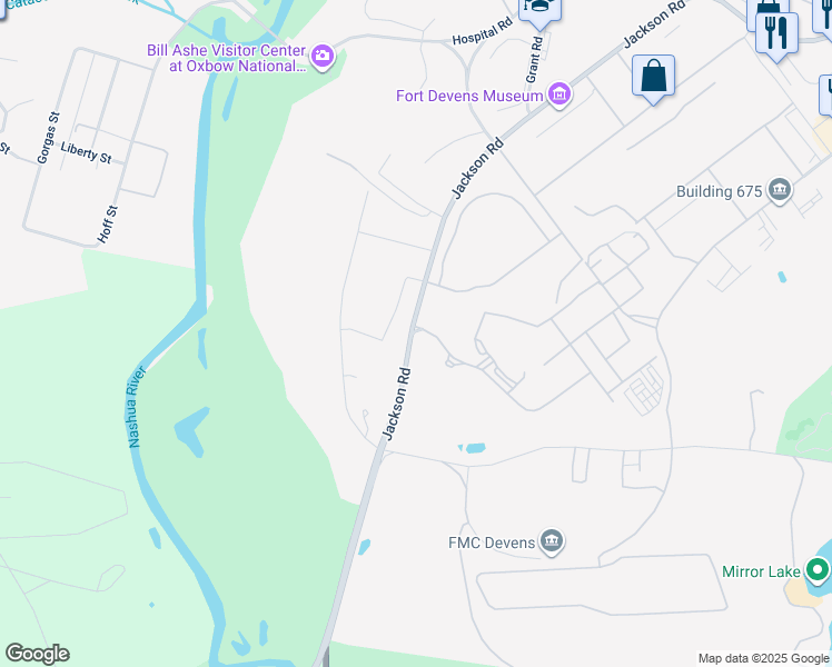 map of restaurants, bars, coffee shops, grocery stores, and more near 38 Jackson Road in Harvard