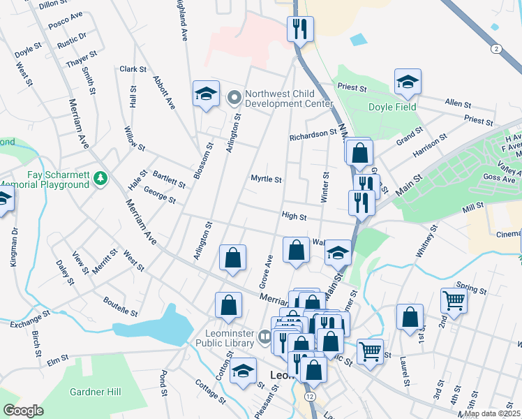 map of restaurants, bars, coffee shops, grocery stores, and more near 94 Grove Avenue in Leominster