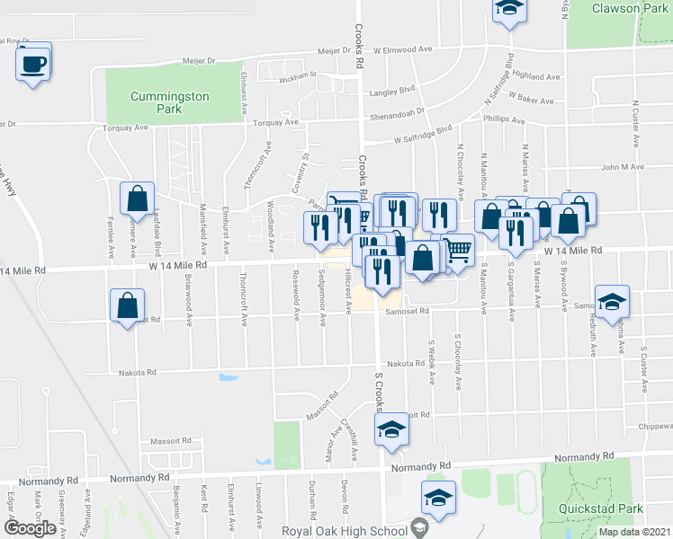 map of restaurants, bars, coffee shops, grocery stores, and more near 1819 West 14 Mile Road in Royal Oak
