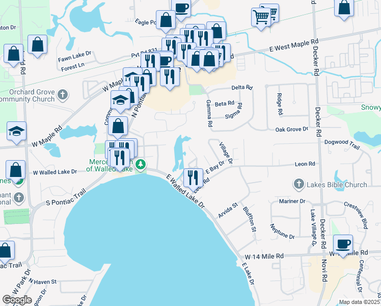 map of restaurants, bars, coffee shops, grocery stores, and more near 176 Clubhouse Circle in Walled Lake