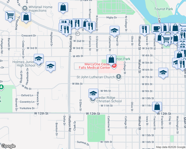 map of restaurants, bars, coffee shops, grocery stores, and more near 1319 W 7th St in Cedar Falls