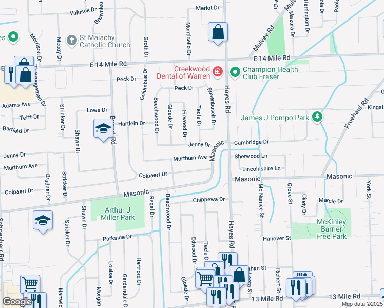 map of restaurants, bars, coffee shops, grocery stores, and more near 14943 Murthum Avenue in Warren