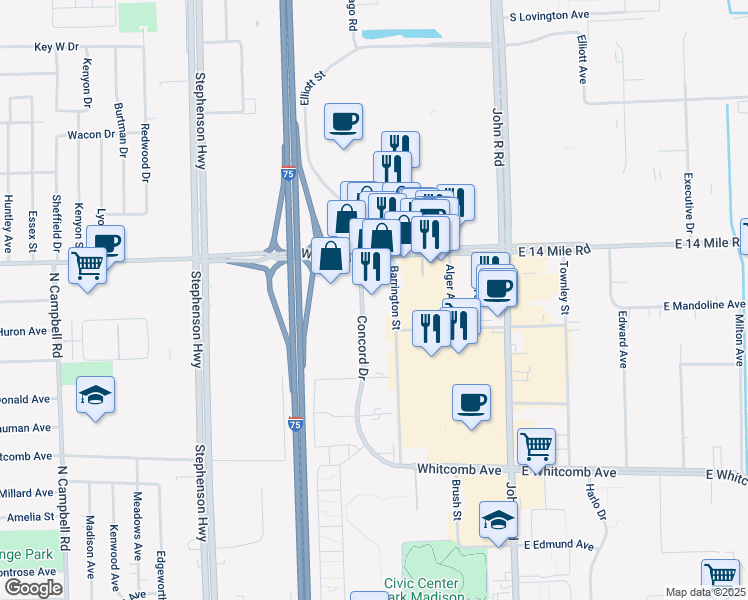 map of restaurants, bars, coffee shops, grocery stores, and more near 32701 Concord Drive in Madison Heights