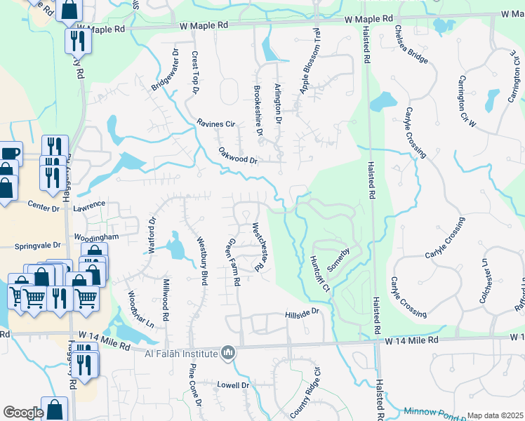map of restaurants, bars, coffee shops, grocery stores, and more near 7114 Westchester Road in West Bloomfield Township