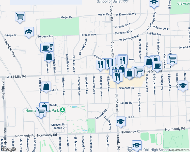 map of restaurants, bars, coffee shops, grocery stores, and more near 1925 West 14 Mile Road in Royal Oak