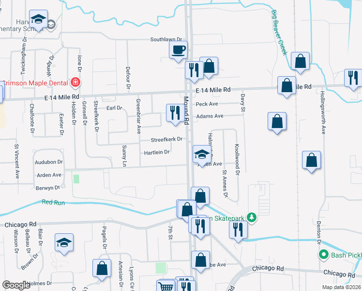 map of restaurants, bars, coffee shops, grocery stores, and more near 5678 Hartlein Drive in Warren