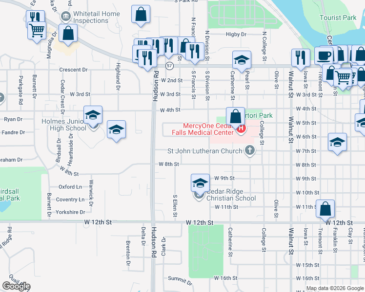 map of restaurants, bars, coffee shops, grocery stores, and more near 1425 West 7th Street in Cedar Falls