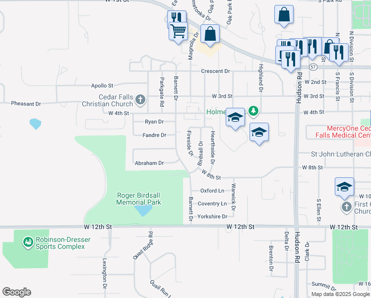 map of restaurants, bars, coffee shops, grocery stores, and more near 621 Fireside Drive in Cedar Falls
