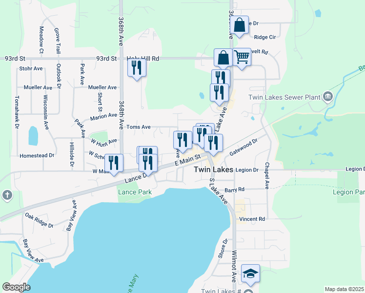 map of restaurants, bars, coffee shops, grocery stores, and more near 210 Burden Ave in Twin Lakes