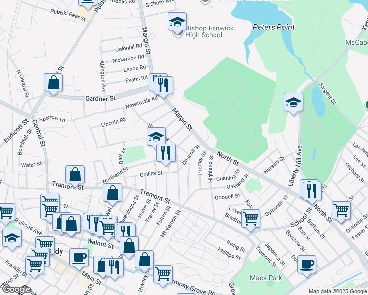 map of restaurants, bars, coffee shops, grocery stores, and more near 5 Walsh Ave in Peabody