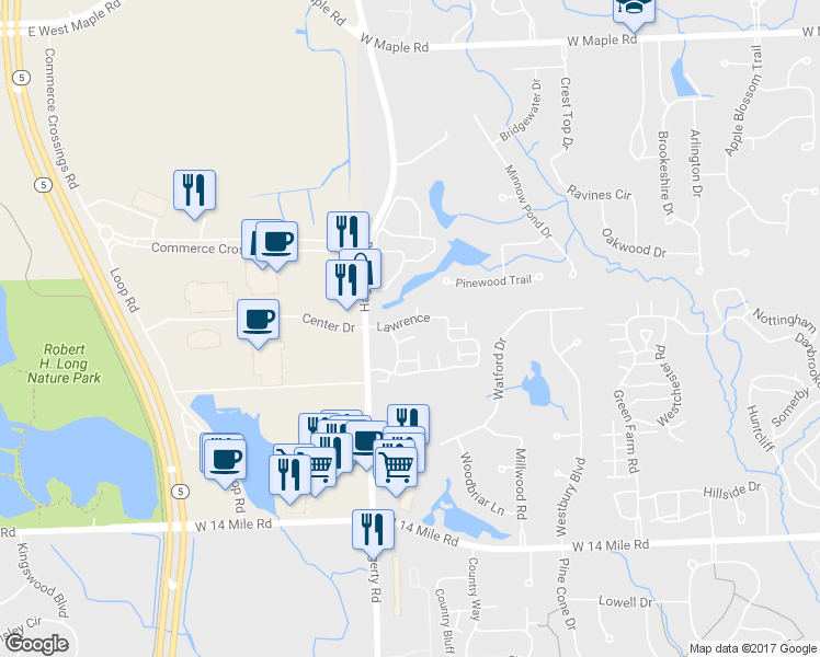 map of restaurants, bars, coffee shops, grocery stores, and more near 7933 Lawrence in West Bloomfield Township